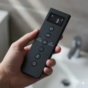 Close-up of the intuitive black bidet remote control for customized wash settings.