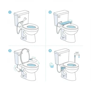 Step-by-step diagram illustrating the easy installation of a non-electric bidet attachment on a Kohler toilet.