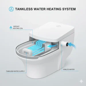 Diagram illustrating the instant, continuous warm water system of a tankless bidet toilet seat.