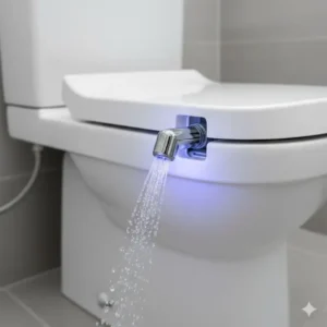 Close-up of a self cleaning bidet seat nozzle retracting after use, demonstrating the automatic sterilization cycle.