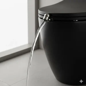 Close-up of the stainless steel, self-cleaning nozzle on the bidet toilet seat black, showing the water spray.