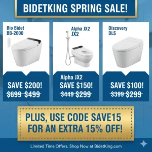 Highlighting a BidetKing sale showing popular bidet seats and the savings available when using a bidetking discount code.