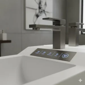Detail shot of the unique, modern faucet and control panel on a luxury designer bidet artistic aesthetic.
