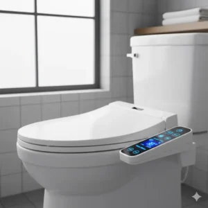 Close-up of an electric bidet seat control panel, highlighting heated seat and warm water features for a Kohler toilet.