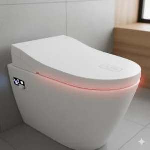 A feature shot of the comfortable heated seat on the luxury bidet with modern aesthetic design.