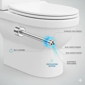 Close-up of the self-cleaning, stainless steel nozzle on the tankless bidet toilet seat.