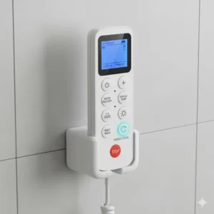 Wireless remote control unit for a self cleaning bidet seat, showing buttons for water pressure, temperature, and drying.