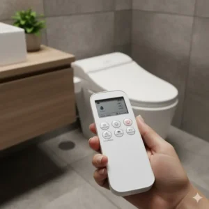 Hand holding a wireless remote control for a high-end best bidet toilet combo, showing easy operation.