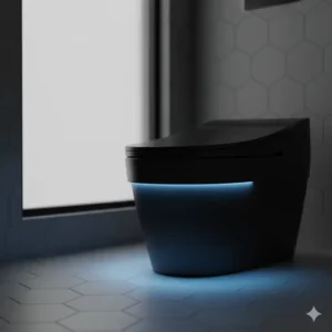 The illuminated night light feature underneath the bidet toilet seat black for convenient nighttime use.