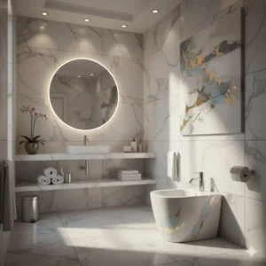 Designer bidet artistic aesthetic placed in a luxury bathroom setting with marble tiling and soft lighting.
