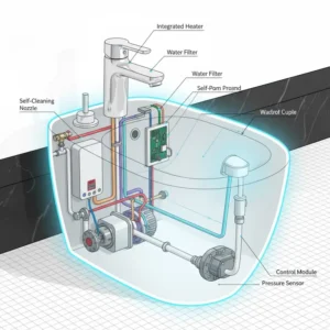 A diagram illustrating the innovative features and technology of a designer bidet artistic modern look.