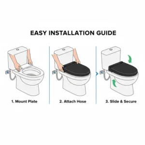 Simple illustrated guide on how to easily install a black bidet attachment onto a toilet.