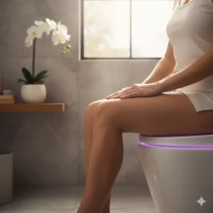 User comfortably seated on the heated seat of a premium bidet with feminine wash function.