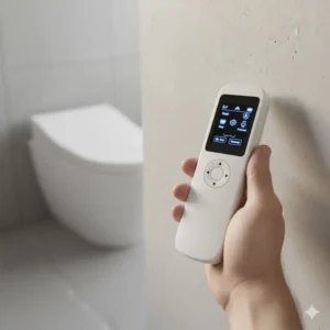 Ergonomic, wireless remote used to control the functions of the luxury bidet with modern aesthetic design.