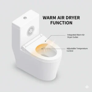 Icon representing the integrated warm air dryer function on a tankless bidet toilet seat.