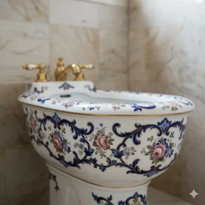 Detail of a hand-painted porcelain artistic bidet for exclusive bathrooms, showcasing the unique craftsmanship.