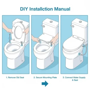 Step-by-step diagram illustrating the simple DIY installation of a standard self cleaning bidet seat onto an existing toilet.