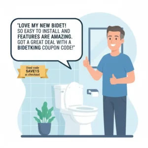 A happy customer giving a thumbs-up next to their installed bidet, referencing the great deal they got with a bidetking discount code.