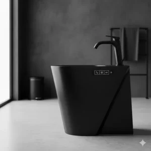 Full view of a striking matte black designer bidet artistic aesthetic, adding a bold and contemporary artistic touch to the bathroom.