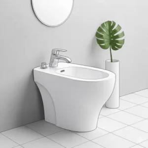 A minimalist style illustration of a designer bidet artistic modern look, blending seamlessly into a clean bathroom design.