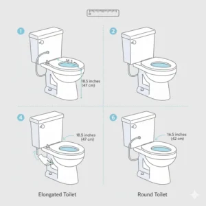 Diagram showing how to measure a Kohler elongated vs. round toilet bowl to ensure the best bidet fit and compatibility.