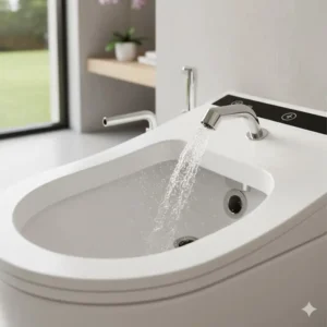 The self-sanitizing nozzle detail of the sophisticated luxury bidet with modern aesthetic design.