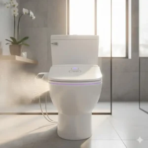 Diagram illustrating the gentle warm air dryer feature on a premium bidet with feminine wash function.