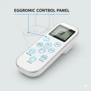 Ergonomic wireless remote for adjusting settings of the tankless bidet toilet seat.