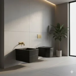 A sleek, wall-mounted artistic bidet for exclusive bathrooms designed with a modern art aesthetic, installed in a minimalist bathroom.