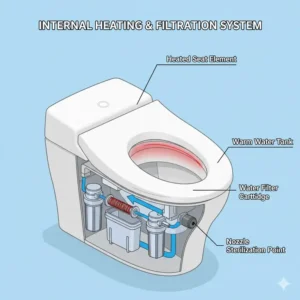 Cross-section view of the heated seat and water tank components of a premium self cleaning bidet seat.