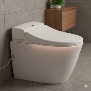 Side view of a comfortable, elongated heated seat on a highly-rated best bidet toilet combo.