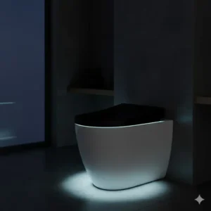 Soft LED night light illuminates the bowl of the black bidet for nighttime convenience.