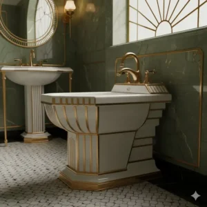 An Art Deco-inspired designer bidet artistic aesthetic, demonstrating a distinctive artistic aesthetic through geometric shapes.