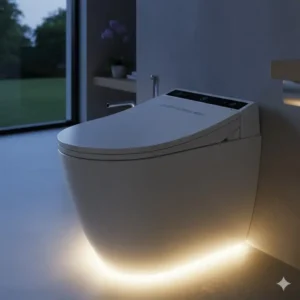Soft LED nightlight glowing beneath the toilet seat of the luxury bidet with modern aesthetic design.