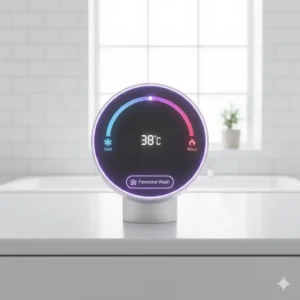 Graphic displaying adjustable water temperature settings for a premium bidet with feminine wash function.