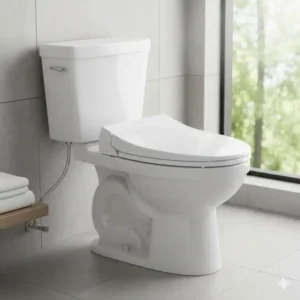 Side view showing a round bidet seat perfectly fitted onto a Kohler toilet, confirming proper size matching.