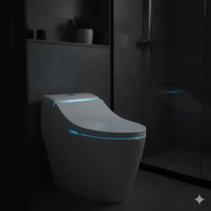 An illuminated toilet bowl with the LED nightlight on a self cleaning bidet seat, showing the soft glow for nighttime use.