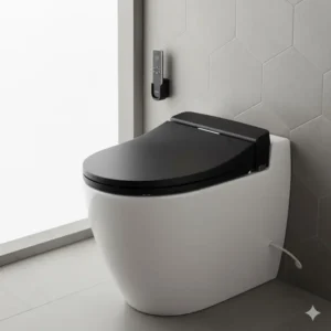 Rear profile view emphasizing the low profile and modern shape of the bidet toilet seat black.