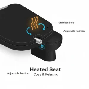 Comfort graphic highlighting the heated seat feature on the black bidet for a cozy experience.