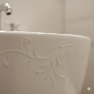 Detailed image focusing on the fine porcelain craftsmanship and subtle designer bidet artistic aesthetic of a premium designer bidet.