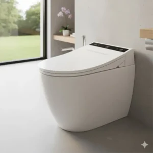 Full installation view of the complete luxury bidet with modern aesthetic design in a high-end setting.