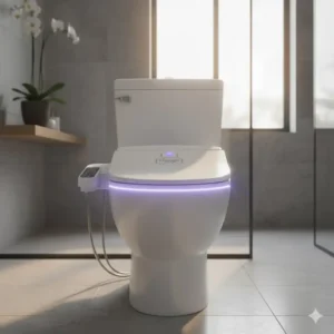 Premium bidet with feminine wash function featuring a soft night light illuminating the toilet bowl.