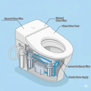 Image of the external or internal water filter that ensures clean, filtered water is used by the self cleaning bidet seat.