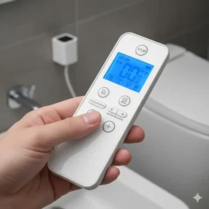 Wireless remote control for a bidet seat, clearly labeling functions like posterior wash, feminine wash, and water pressure control.