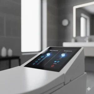 Digital display showing the adjustable water temperature and pressure settings of the luxury bidet with modern aesthetic design.