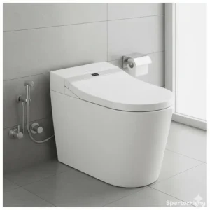 A sleek, fully integrated smart designer bidet artistic aesthetic with a minimalist, futuristic design that embodies a modern artistic aesthetic.