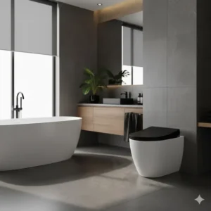 Luxury black bidet installed in a high-end, contemporary bathroom design with dark tiles.