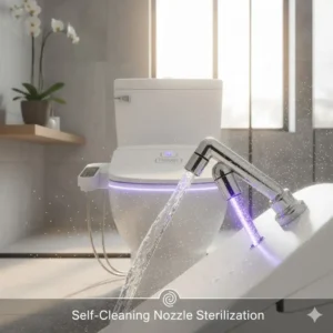 Image showing the self-cleaning or UV-sanitizing feature of the nozzle for a premium bidet with feminine wash function.