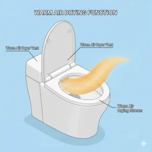 Diagram illustrating the gentle stream of warm air drying from the self cleaning bidet seat, a key feature after the wash cycle.