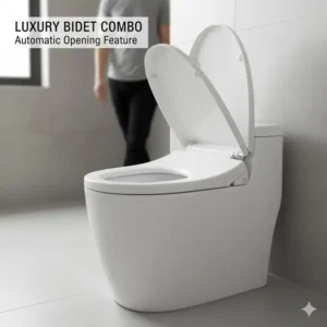 A luxurious best bidet toilet combo with an automatic lid opening as a person approaches, showcasing convenience.